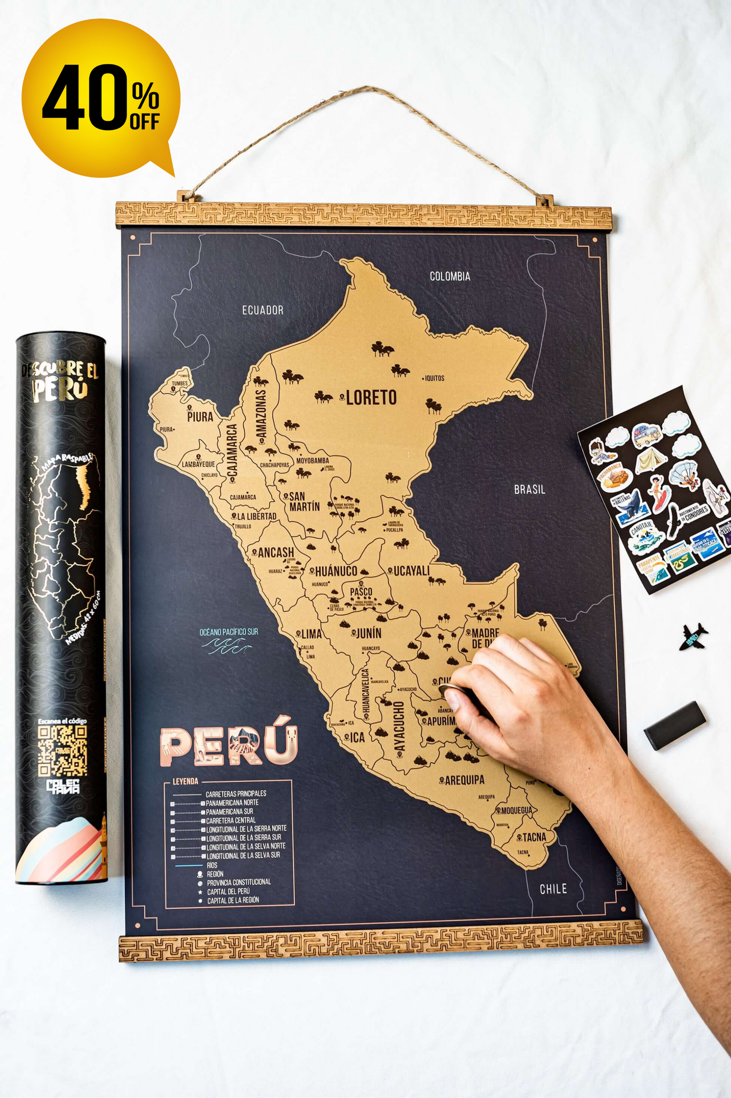 Mapa del Perú para raspar, color negro y dorado (+ Marco de madera adhesivo)