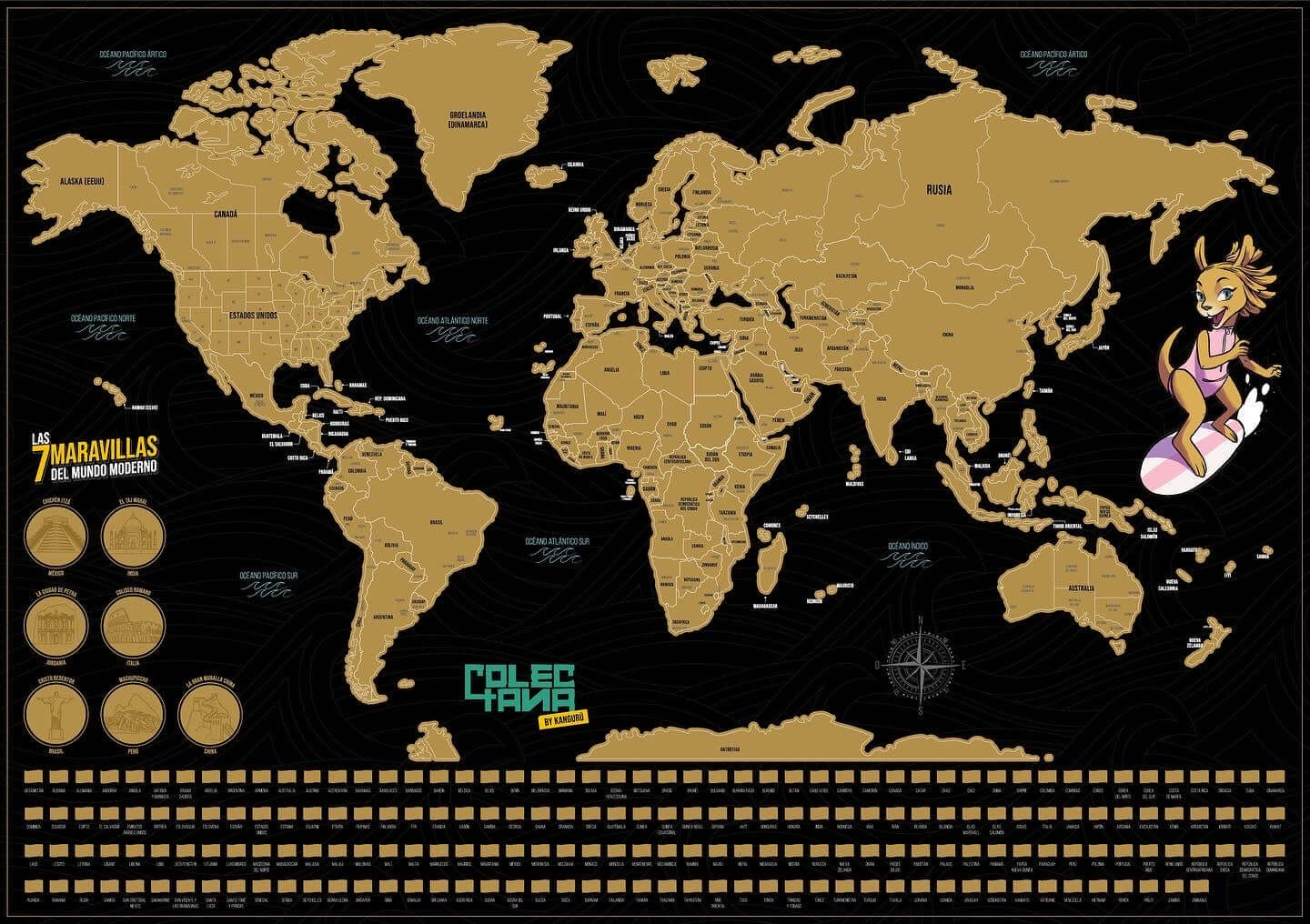  Relaxdays Mapa para rascar, mapa de frotamiento XL, mapa  mundial de rascar monedas, tamaño: 23.6 x 32.3 in, negro/dorado : Juguetes  y Juegos